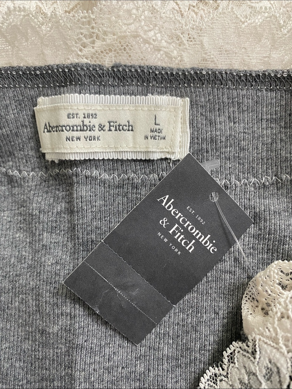Abercrombie & Fitch Lace Embroidered Ribbed Camisole/Tank Top | Gray/Ivory - Picture 13 of 16